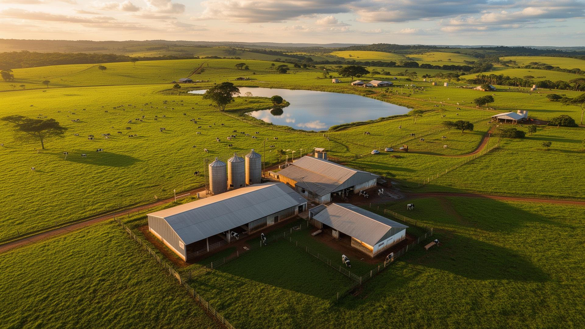 Fazenda leiteira moderna no interior da Bahia — vista de drone cinematográfico